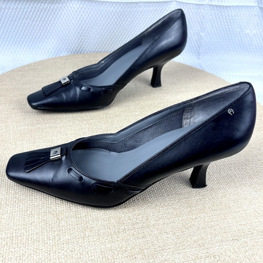 Etienne Aigner Black Leather Kitten Heel Pumps with Tassel Accent